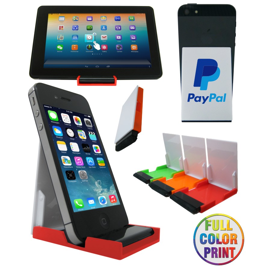 A phone stand holding various devices.