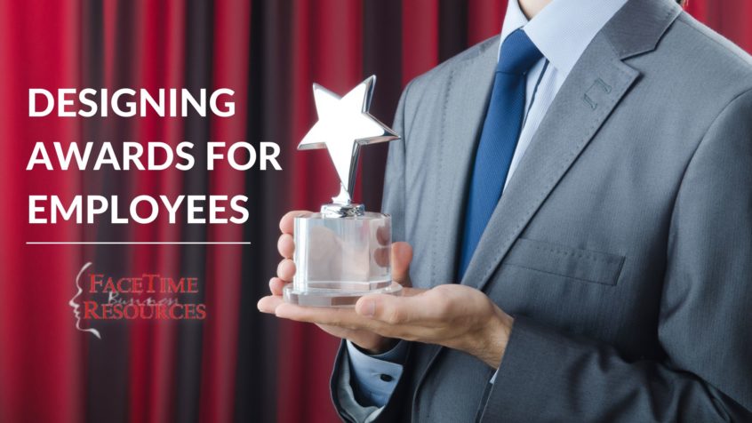 Someone holding an award with text overlay “Designing awards for Employees”