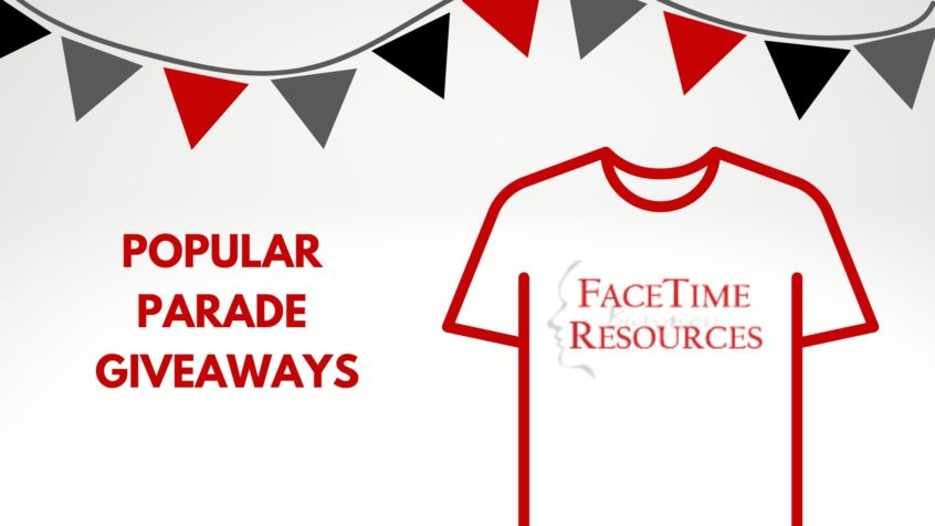 Graphic with t-shirt and Facetime Business resources logo, text overlay, “Popular parade giveaways”