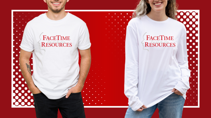 Two people, a man and a woman, model FaceTime-branded custom T-Shirts.